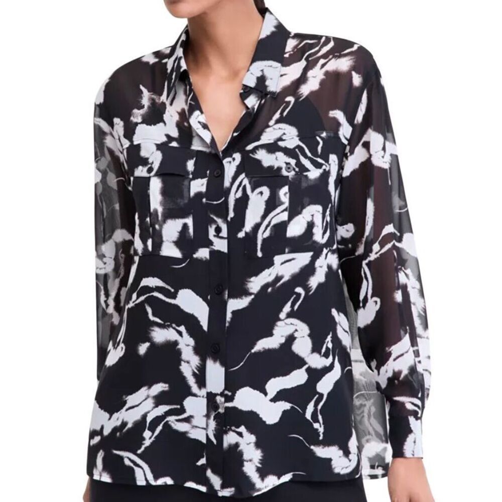 International Concepts blue and white floral V-neck mesh long-sleeve blouse. Siz